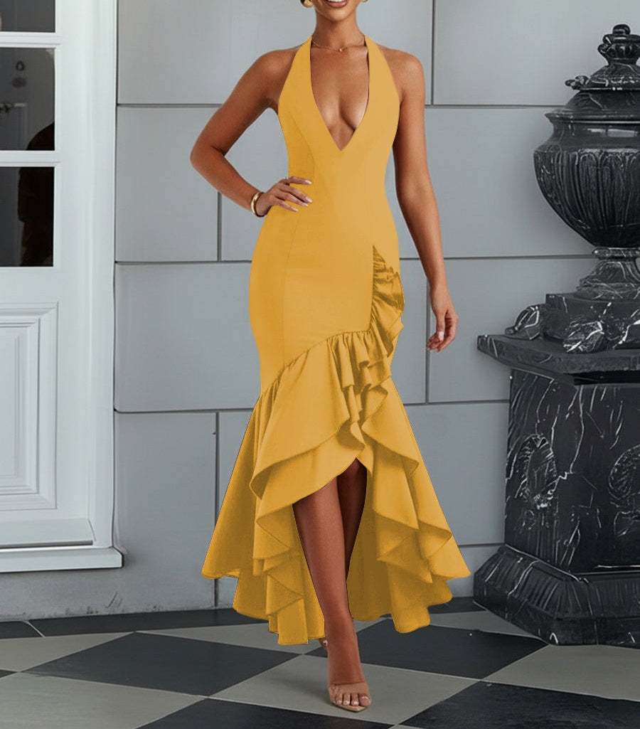 Bodycon Halter Hi-Lo Long Prom Dresses with Ruffle Slit