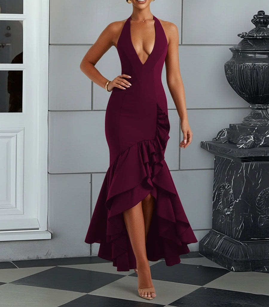 Bodycon Halter Hi-Lo Long Prom Dresses with Ruffle Slit