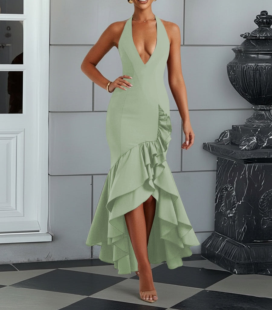 Bodycon Halter Hi-Lo Long Prom Dresses with Ruffle Slit