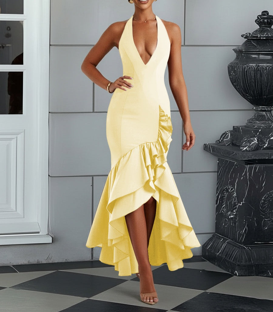 Bodycon Halter Hi-Lo Long Prom Dresses with Ruffle Slit