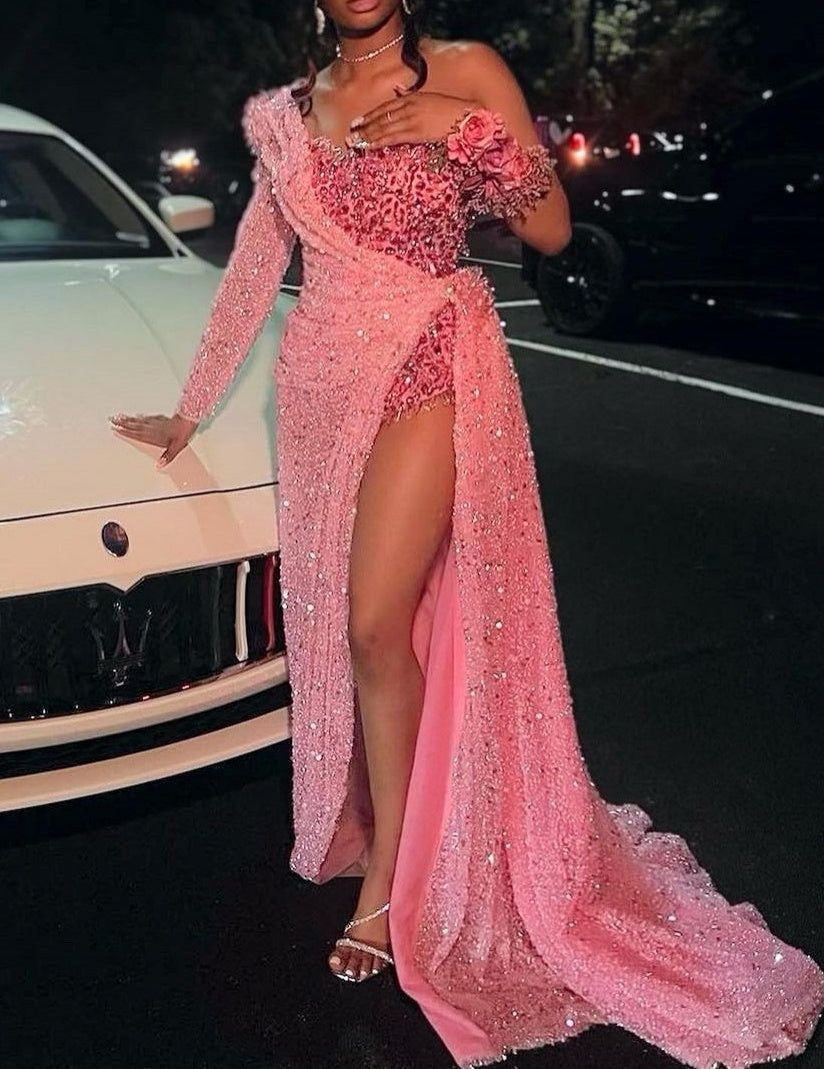 Strapless One Shoulder Sequins Chapel Train Front Side Prom Dress