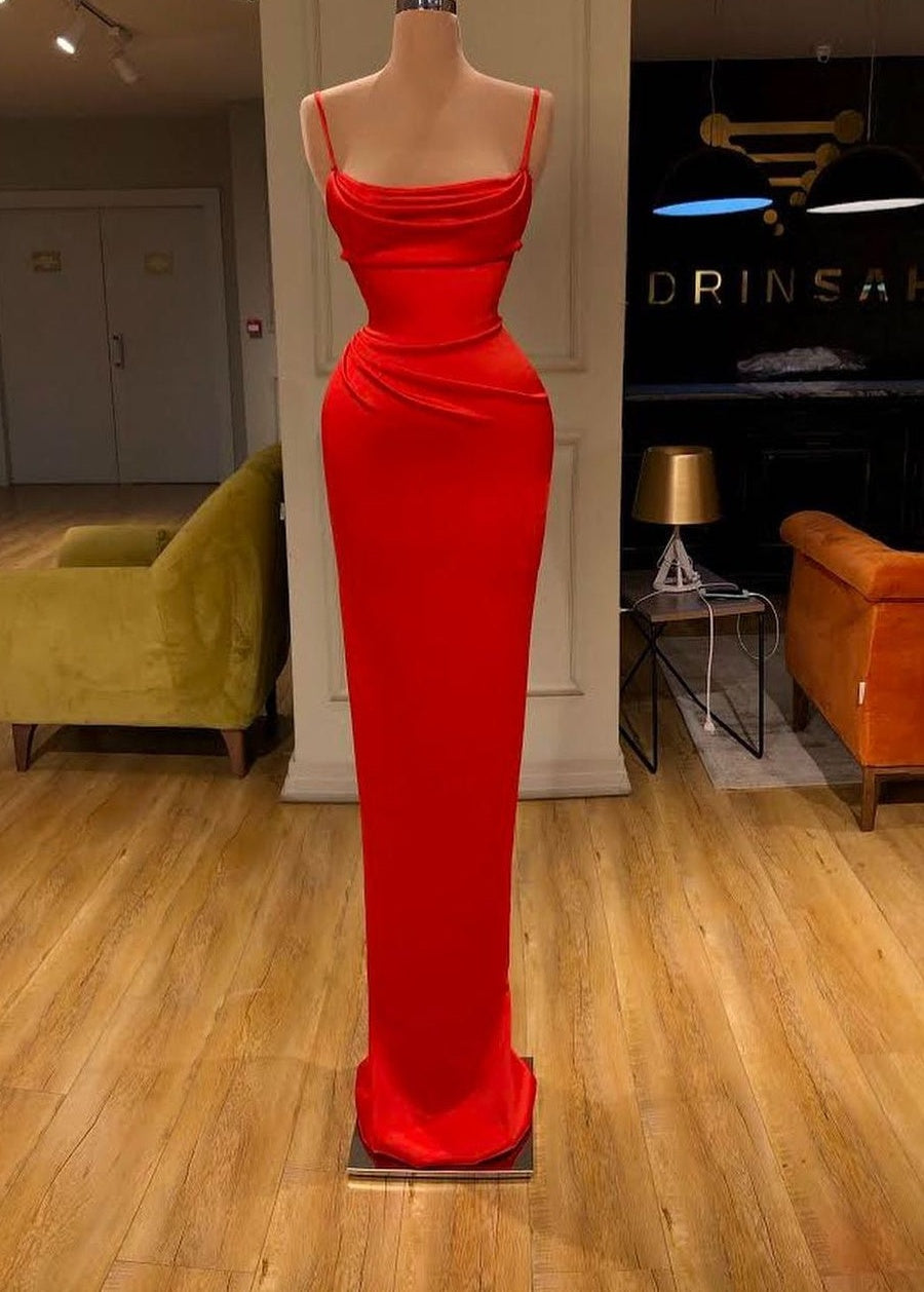 Spaghetti starp Front-ruffle Orange Sheath Prom Dress