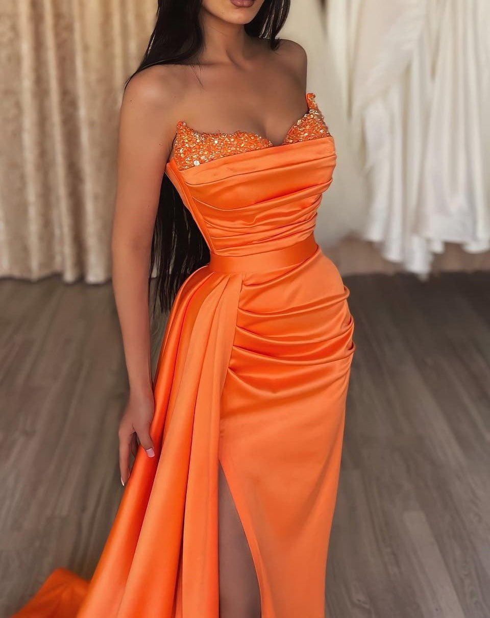 Orange Sweetheart Mermaid Prom Dress Long Slit Ruffles With Sequins