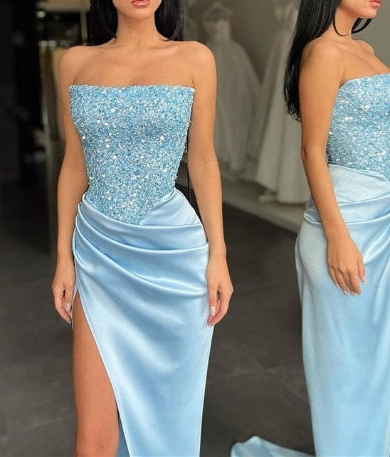Trendy Sky blue Strapless Sequin Top High split Prom Dress