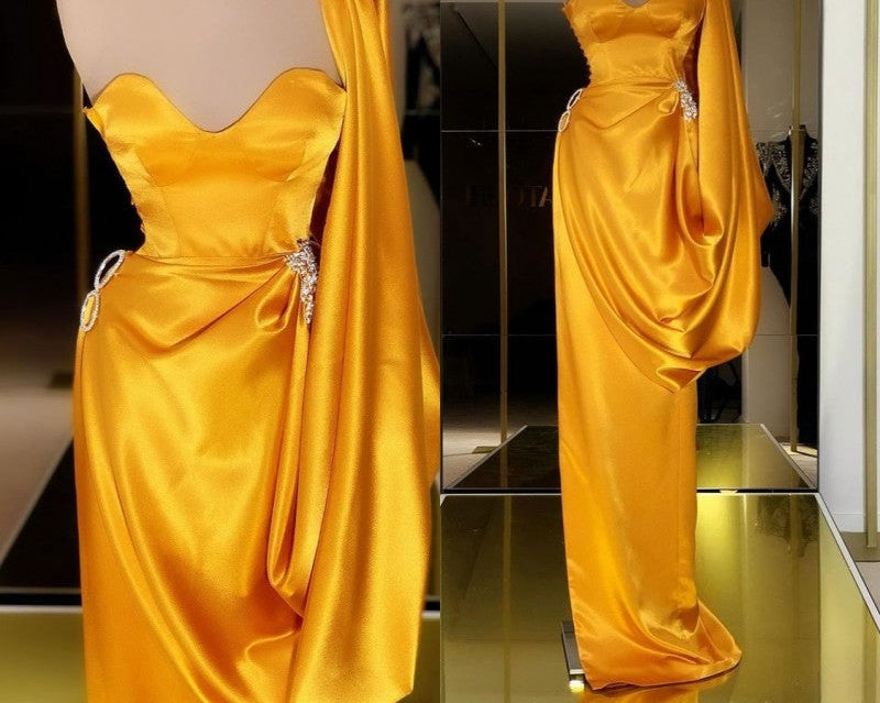 Designer Yellow Gold One Shoulder Long Evening Prom Dress With Ruffles