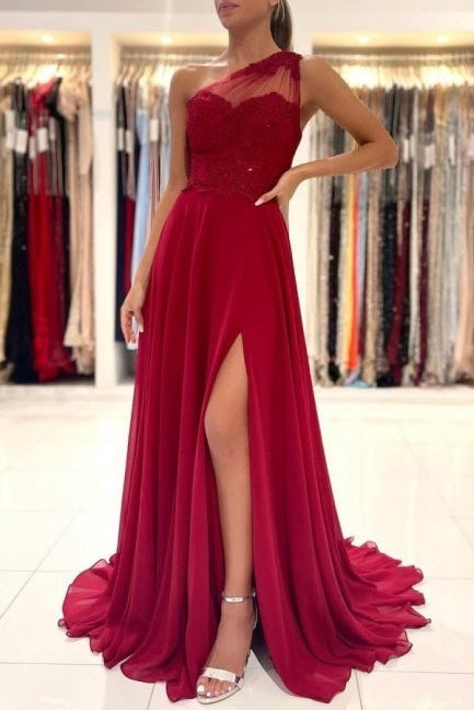 One Shoulder Red Prom Dress Floor Length Sleeveless Maxi Dress with Front Slit