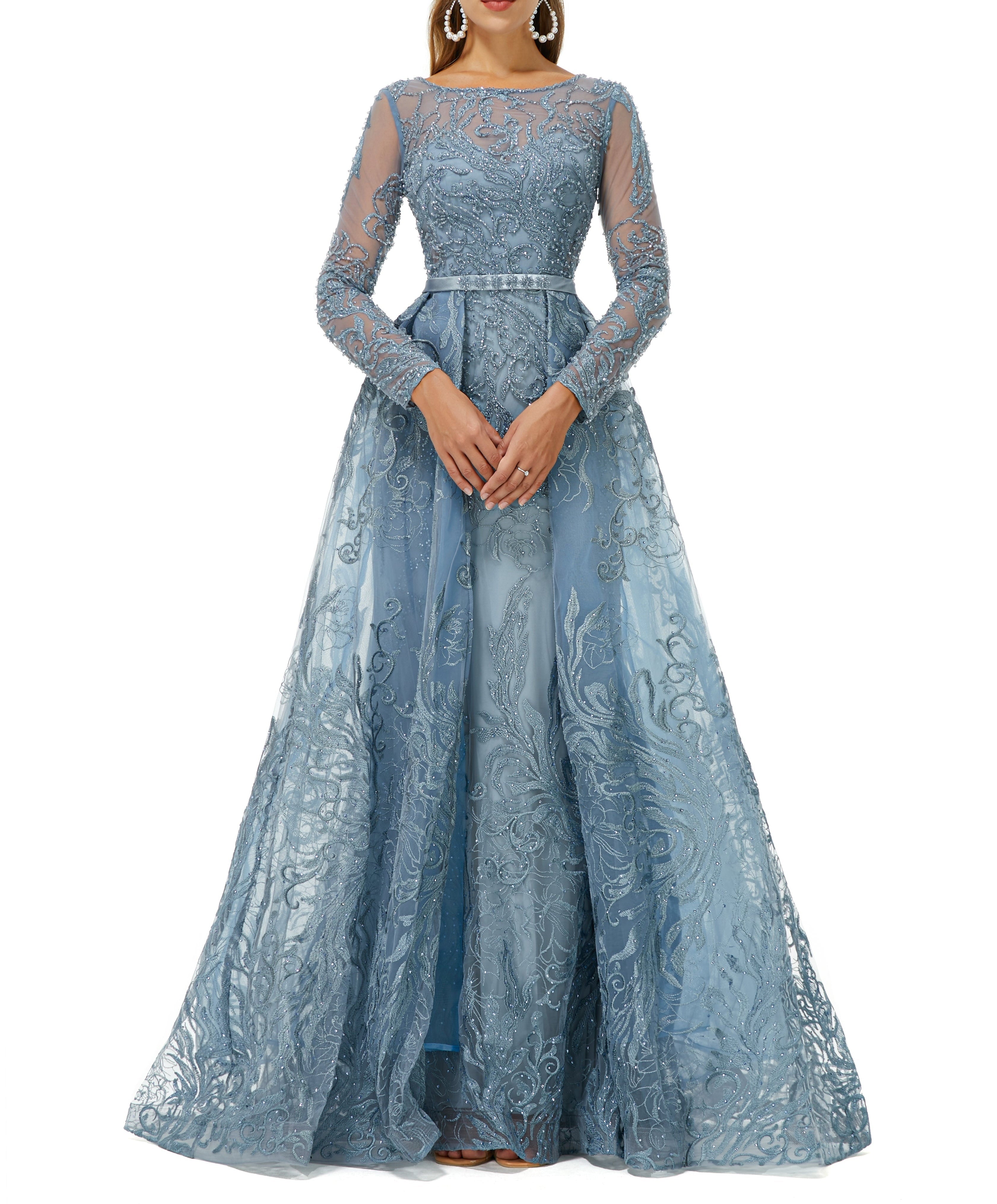 ombreprom Design | Sparkle Beaded Mermaid Long sleeves Prom Dresses with Overskirt