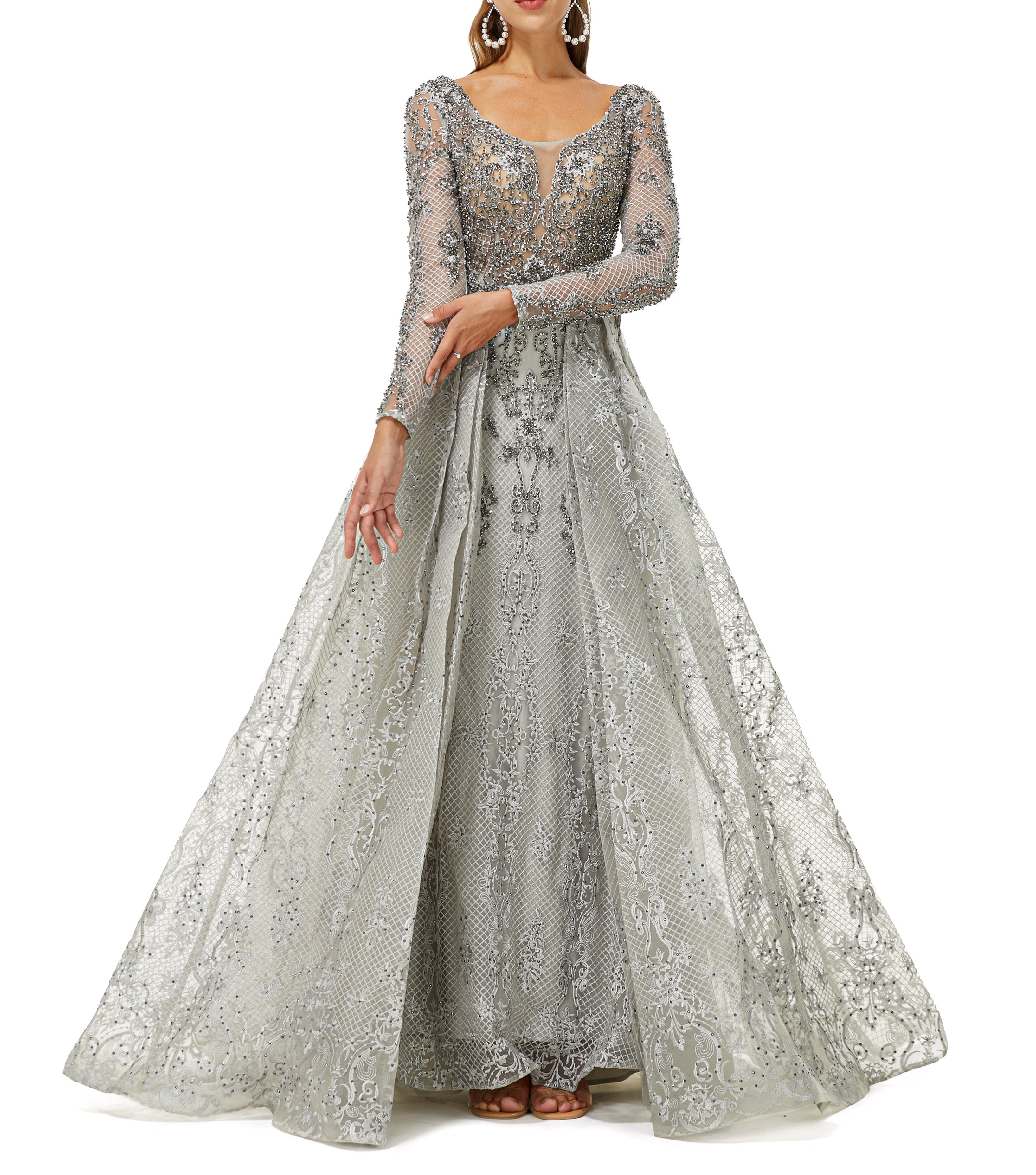 ombreprom Design | Sparkle Dusty Blue Beaded Mermaid Long sleeves Prom Dresses with Overskirt