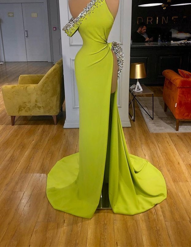 Yellow Green One Shoulder Mermaid Prom Dress Slit Long With Crystals