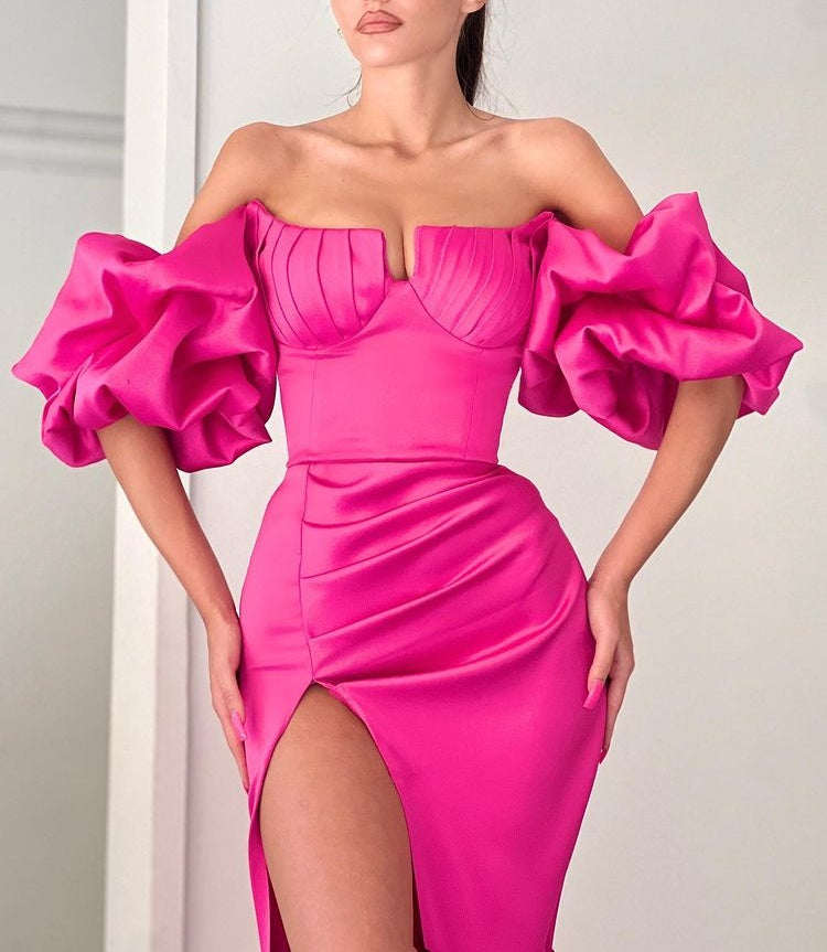 Fuchsia Off-the-shoulder Bubble Sleeves High split Long Mermaid Prom Dress