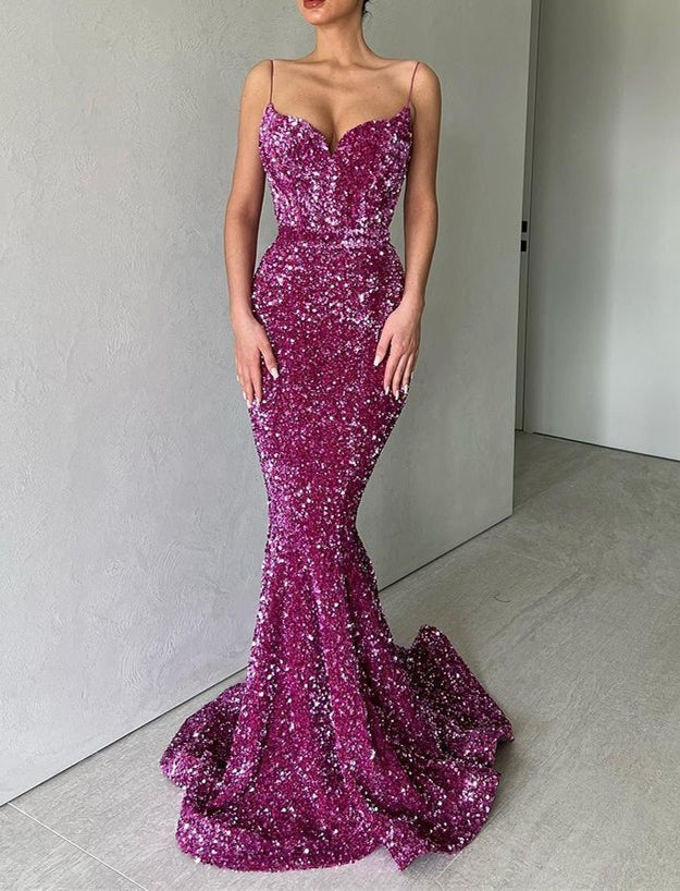 Sparkle Purple Spaghetti Strap Sequin Mermaid Long Prom Dresses