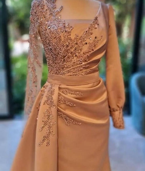 Elegant Long Sleeves Prom Dress Floral Evening Party Dress with Side Sweep Train