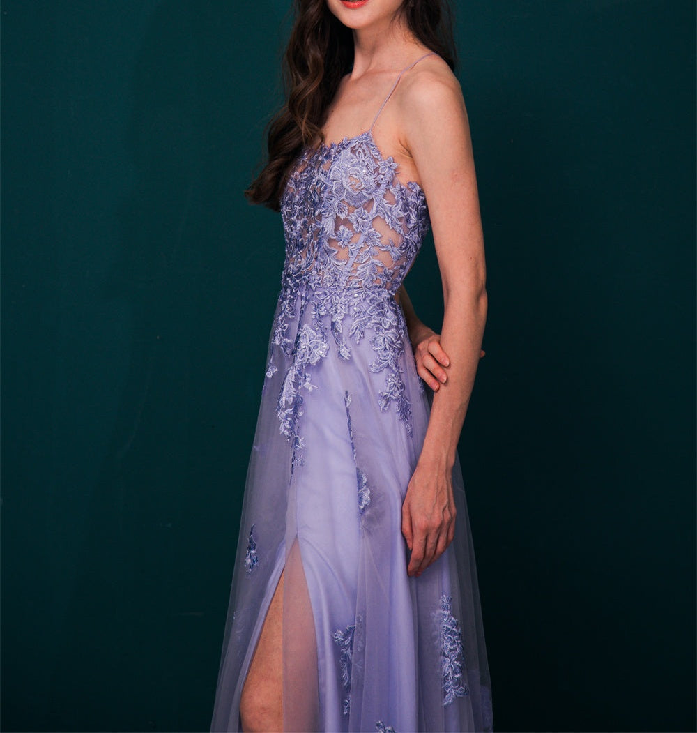 Lavender Spaghetti Strap Lace Appliques High split Prom Dress