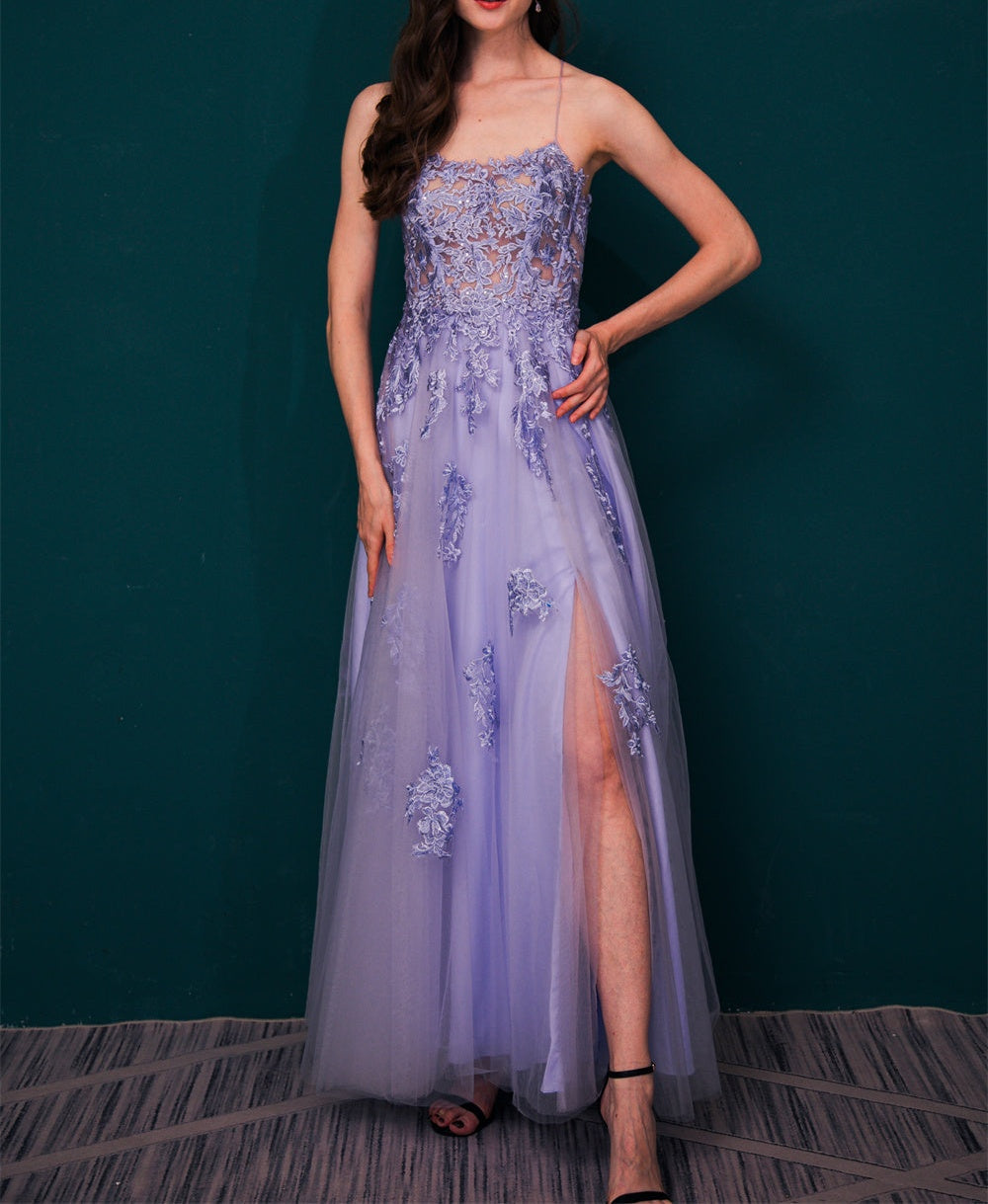 Lavender Spaghetti Strap Lace Appliques High split Prom Dress