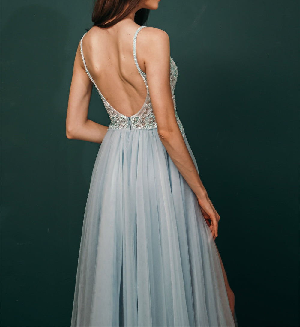Light blue See-through Sparkle Appliques Prom Dress