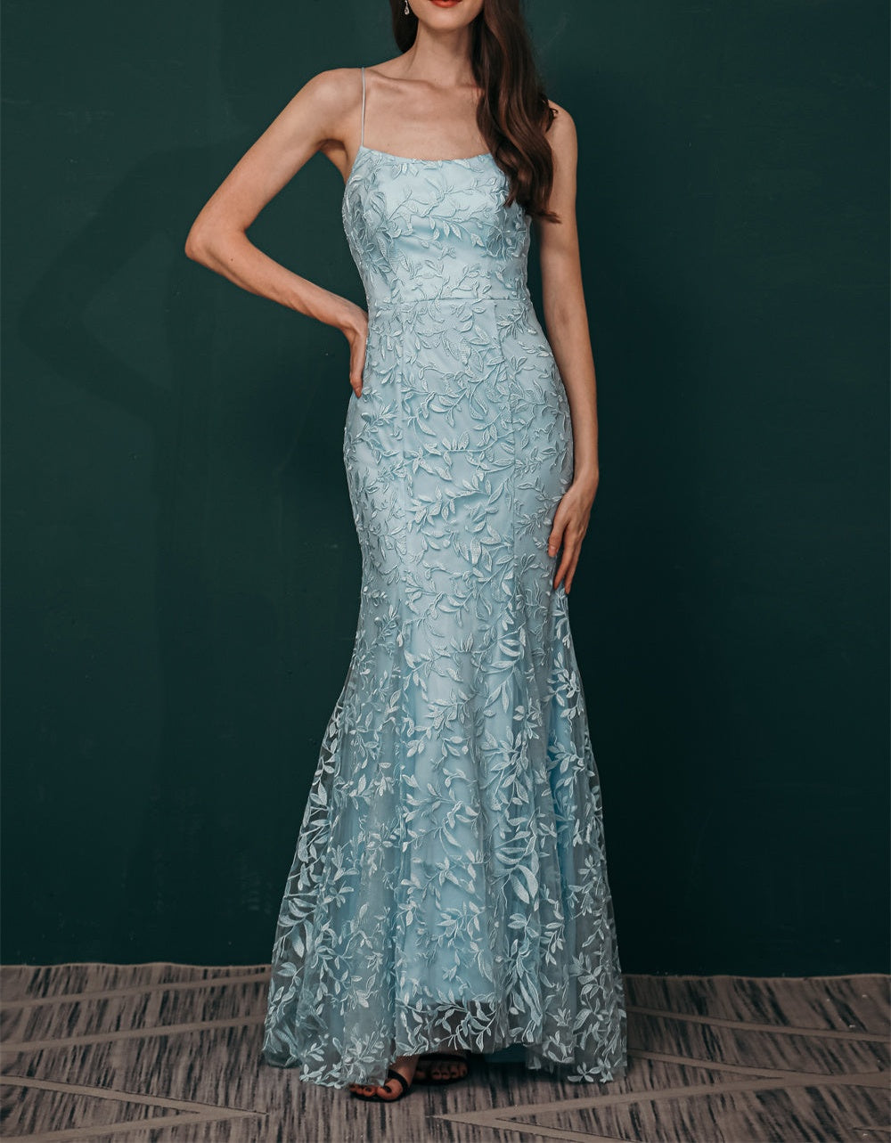 Sky blue Lace Criss-cross back Mermaid Prom Dress