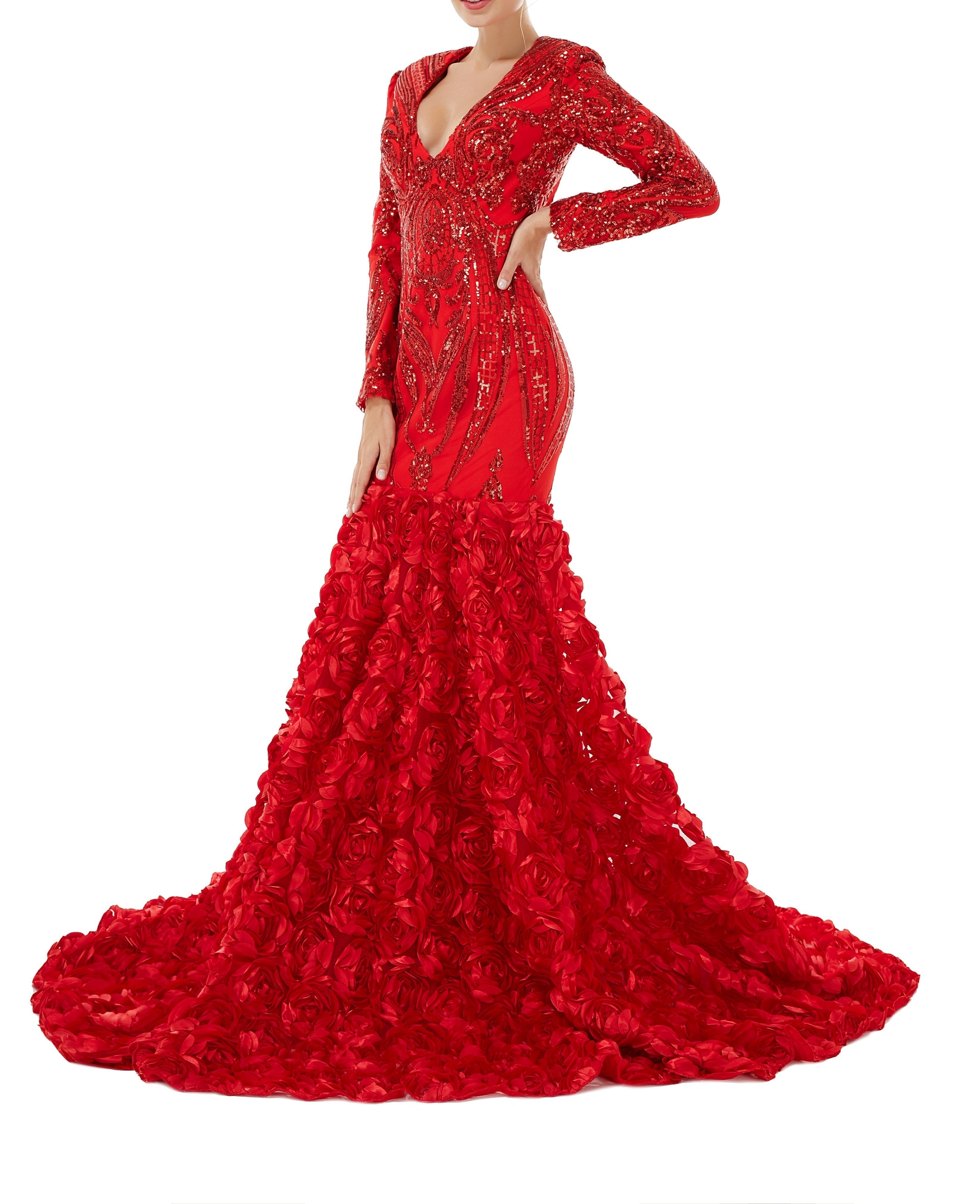 Sexy Sparkle Red Long sleeves V-neck Flowers Prom Dress | ombreprom Real Shooting