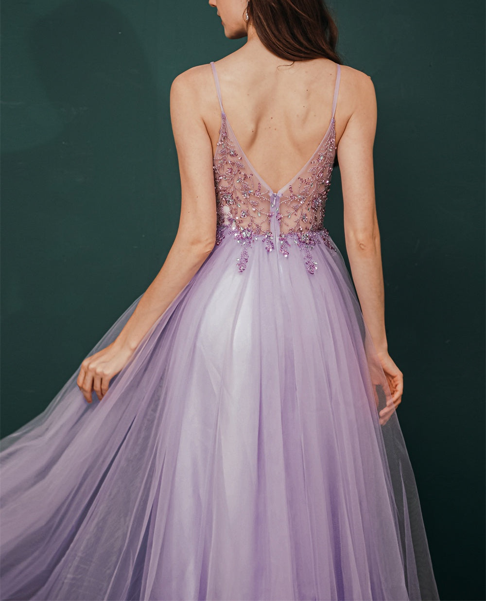 Sparkle Lilac Tulle High-split Spaghetti Strap Prom Dress