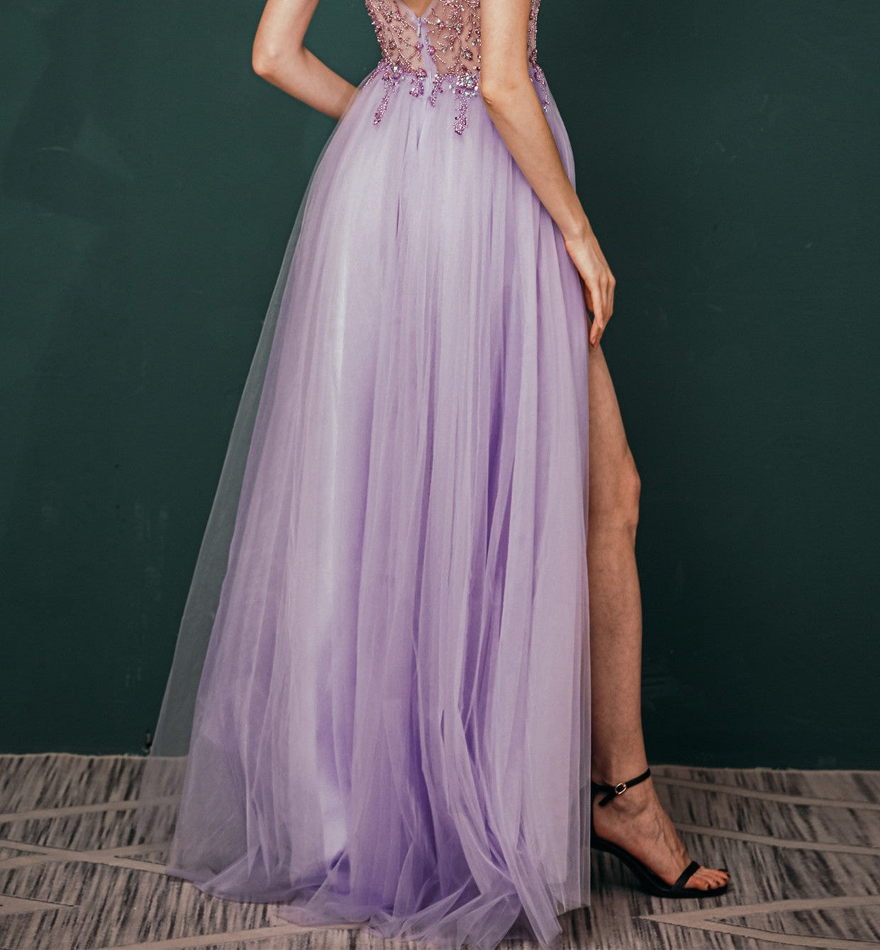 Sparkle Lilac Tulle High-split Spaghetti Strap Prom Dress