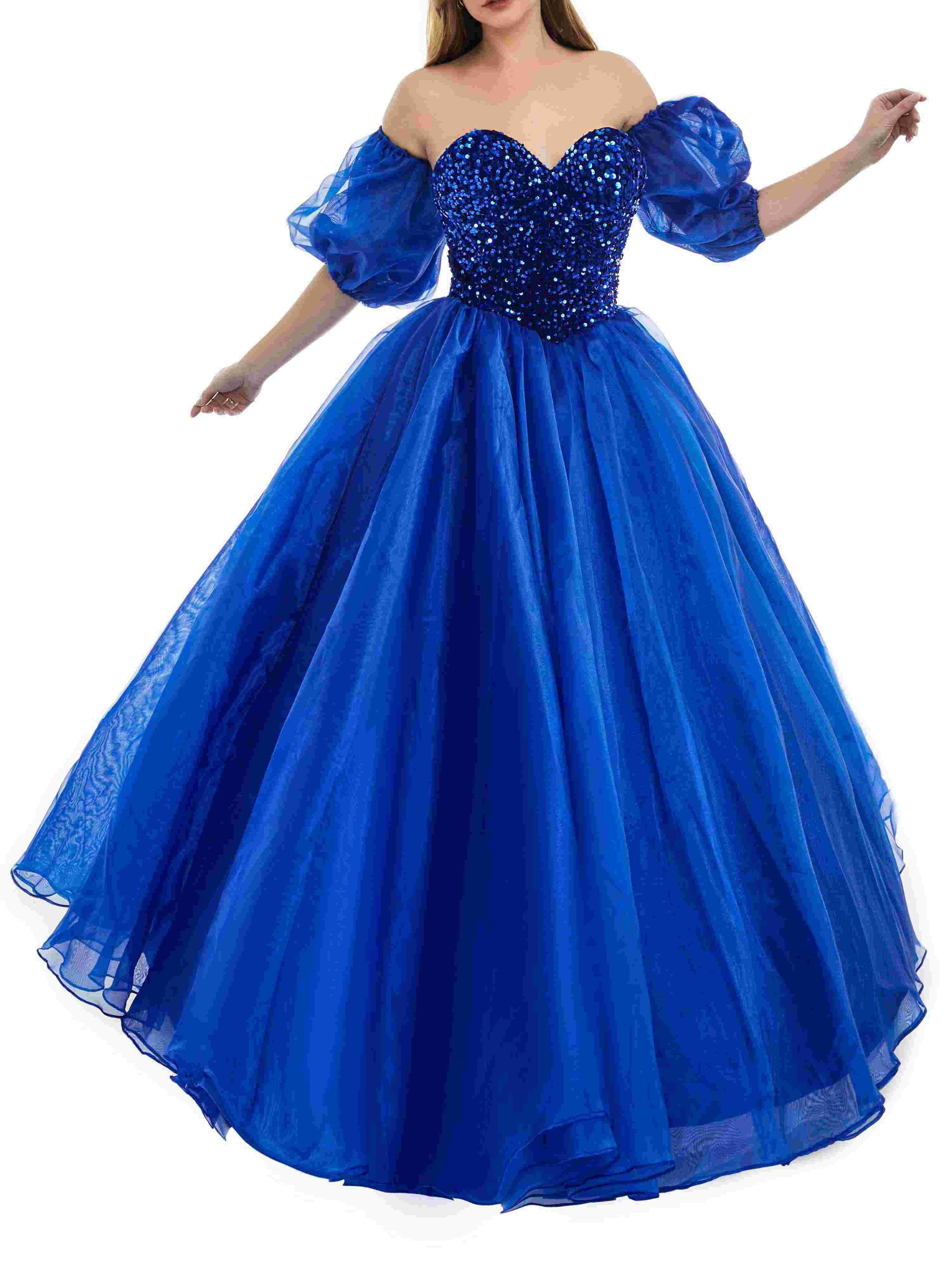 Sweetheart Royal Blue Bubble Sleeves Ball Gown Beaded Prom Dresses