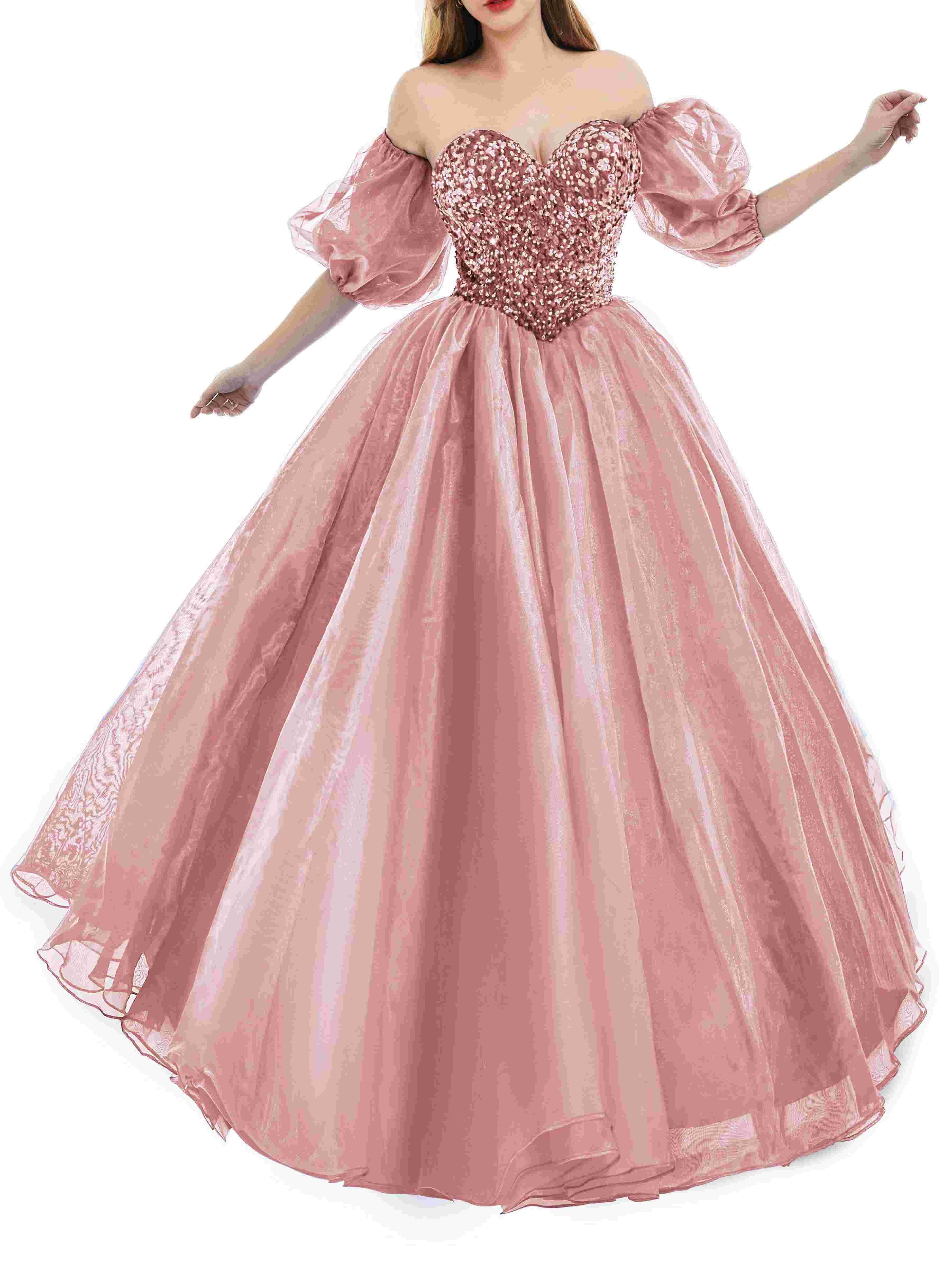 Sweetheart Royal Blue Bubble Sleeves Ball Gown Beaded Prom Dresses