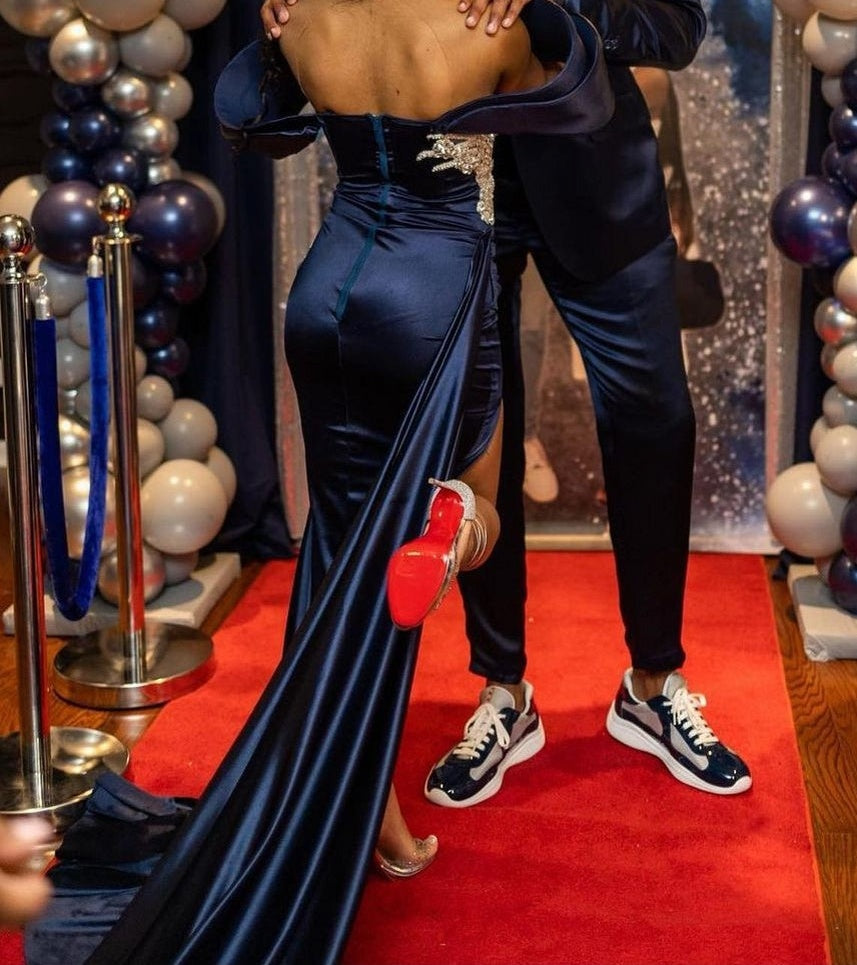Off the shoulder Dark Navy Mermaid High Split Appliques Prom Dresses