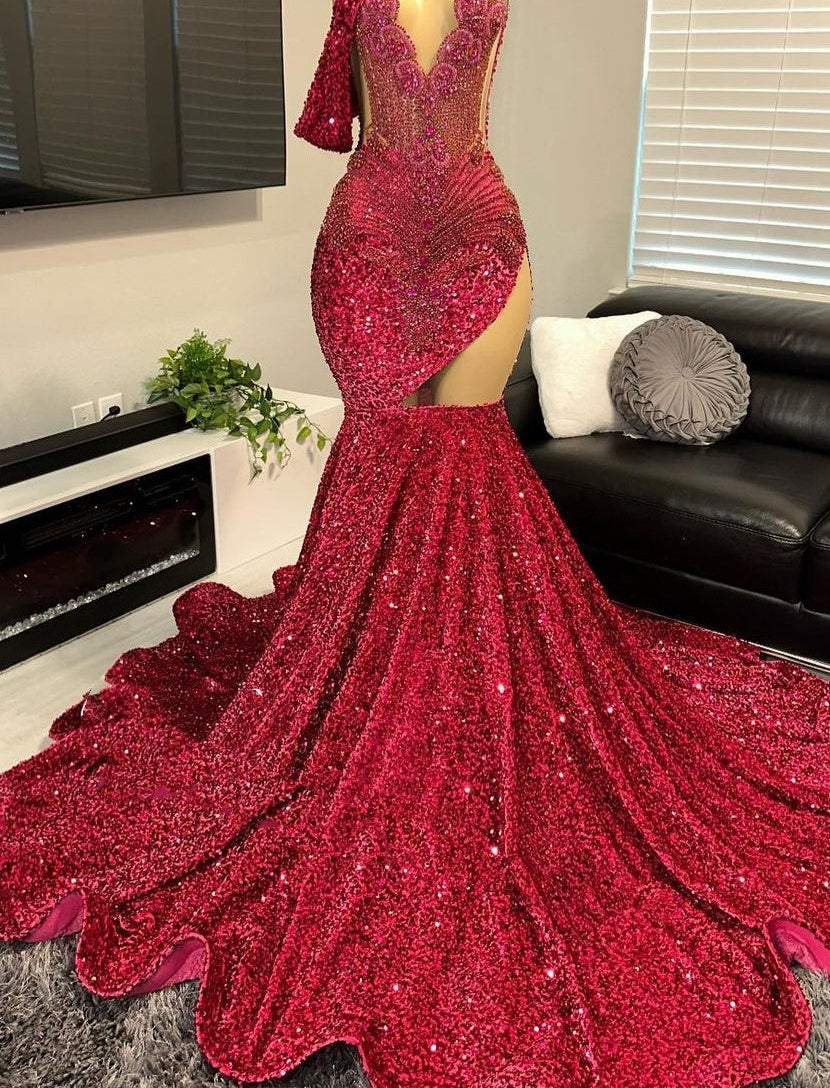 One shoulder Burgundy Sequin Prom Dresses with cutout
