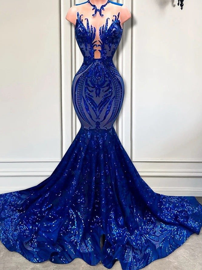 Sequins Royal Blue Sleeveless Mermaid Prom Dress