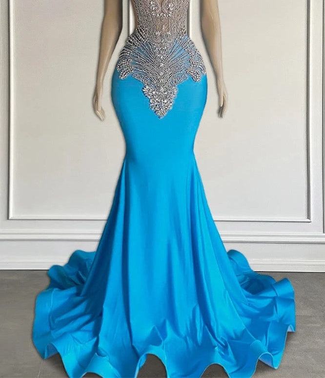 Ocean blue sleeveless mermaid prom dress with long beadings