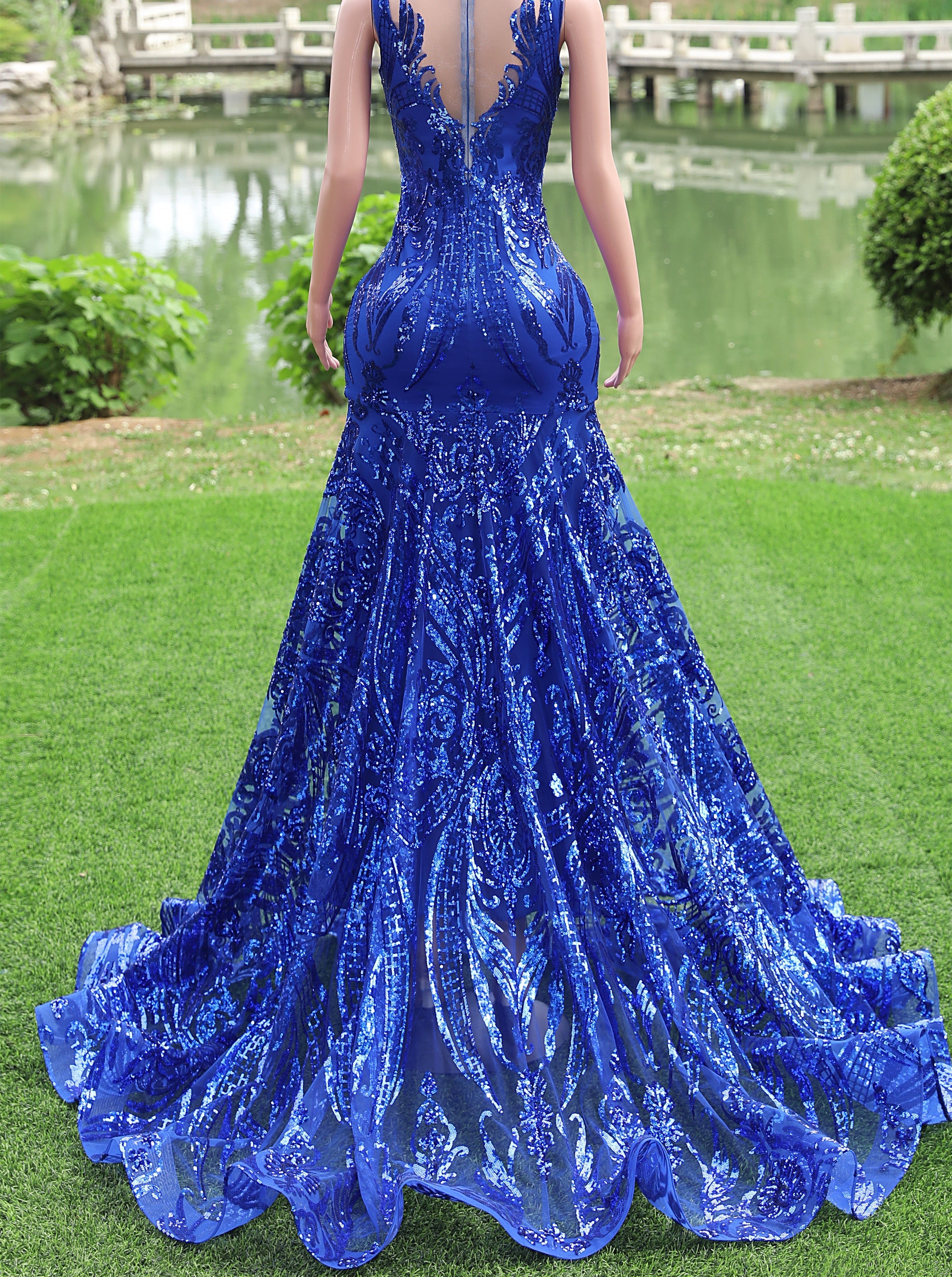 Round neck Royal Blue Mermaid Sequin Sparkle Prom Dresses