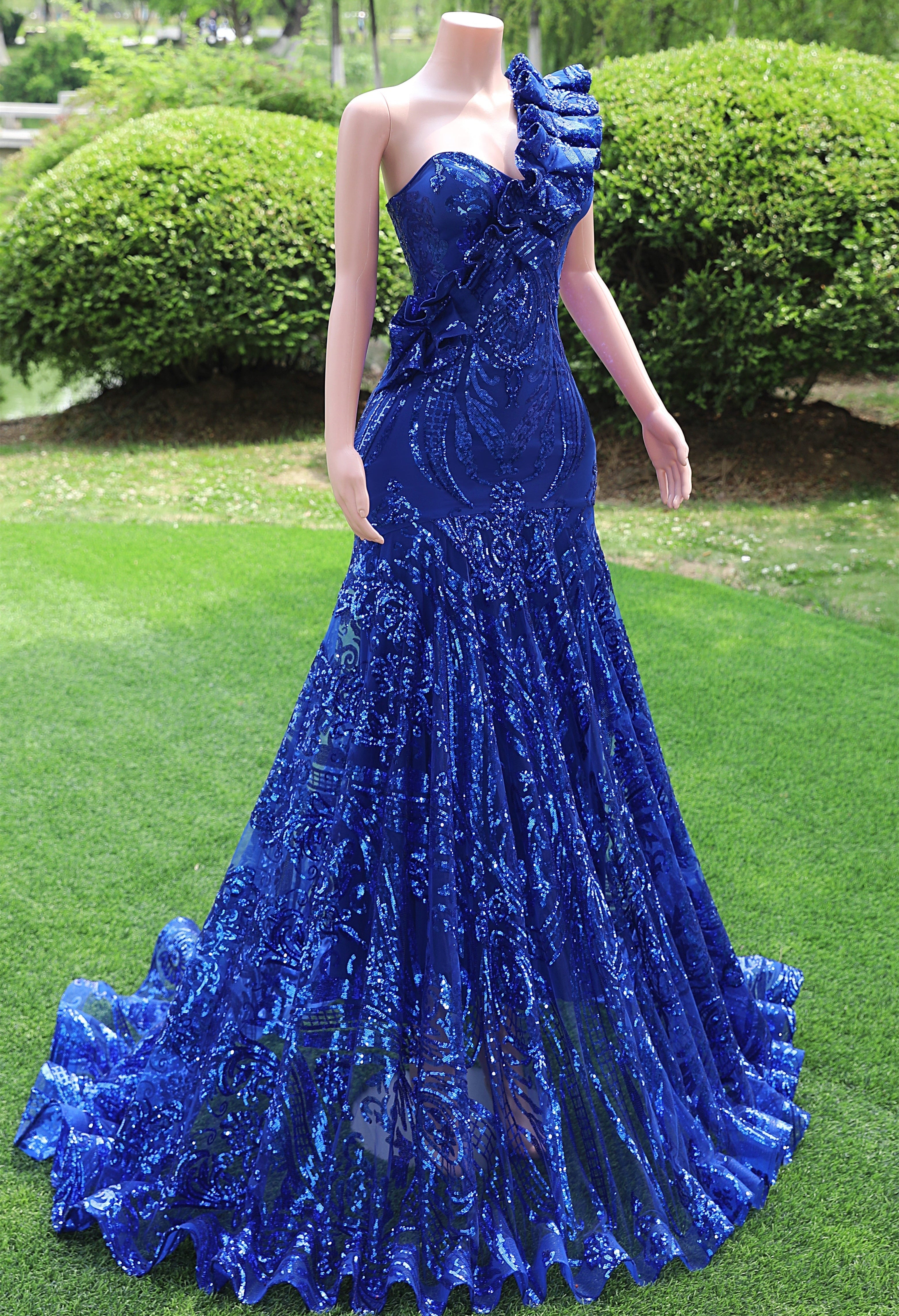 One shoulder Ruffles Sparkle Royal Blue Mermaid Prom Dresses