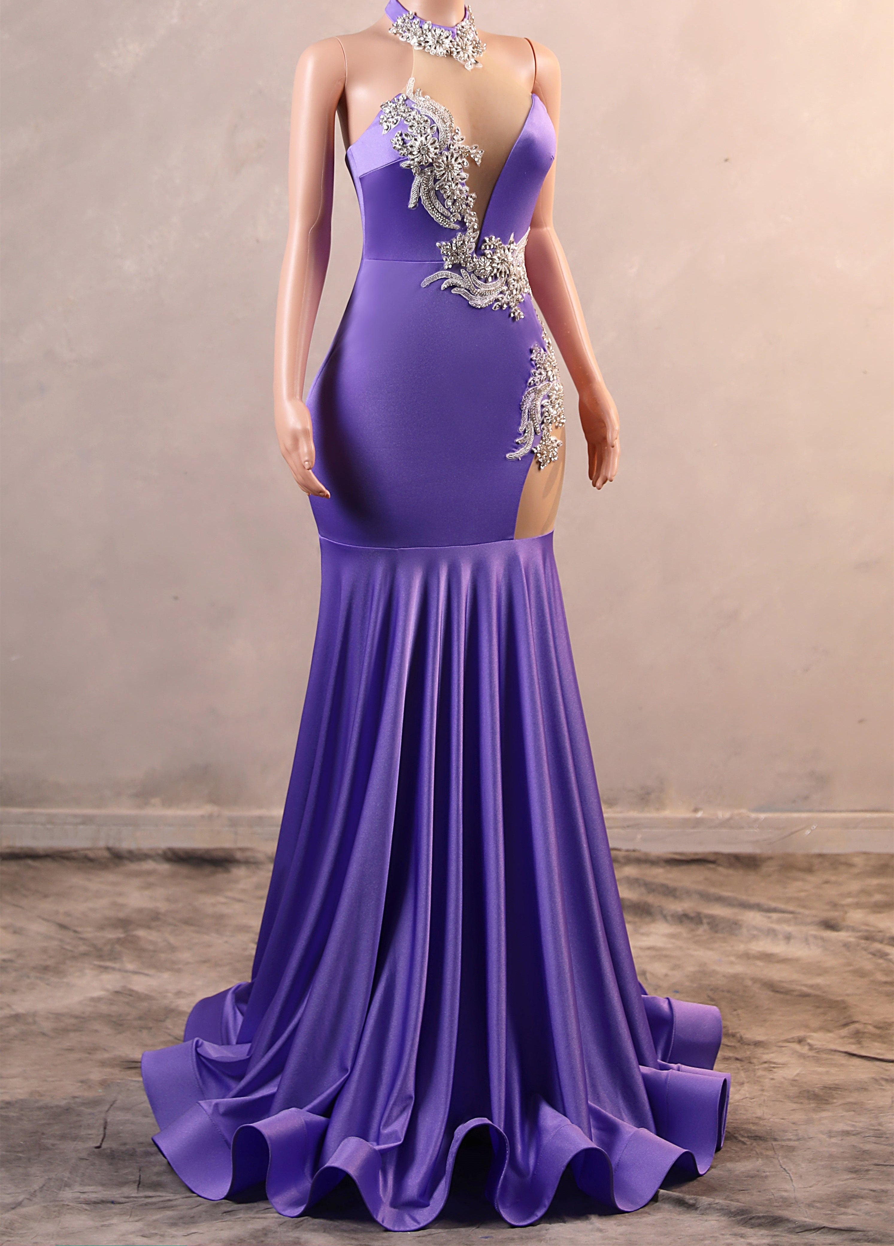Lilac High neck Silver Applqiues Mermaid Satin Prom Dresses