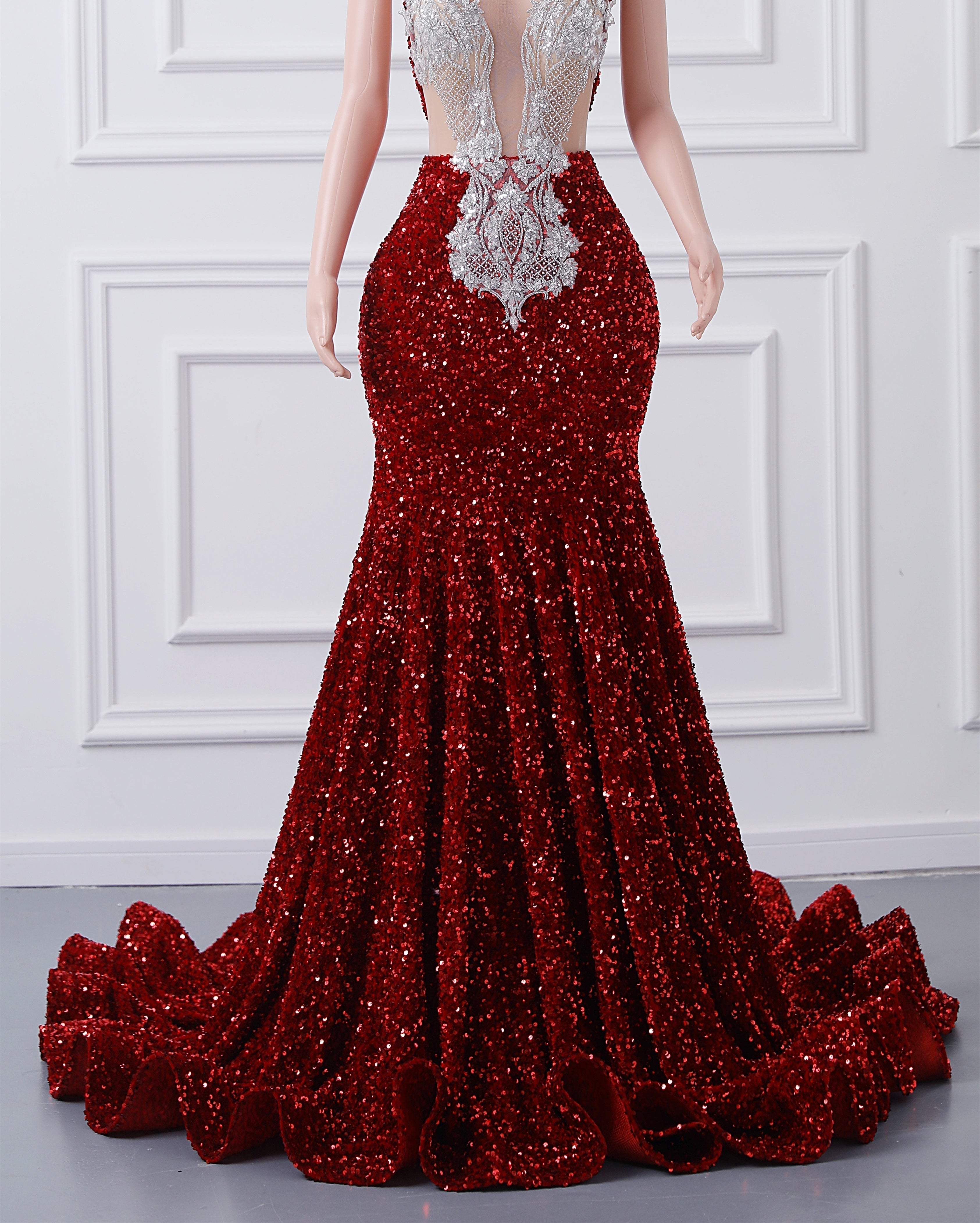 Luxury Burgundy Sequin Mermaid Silver Beaded Court Trian Prom Dresses