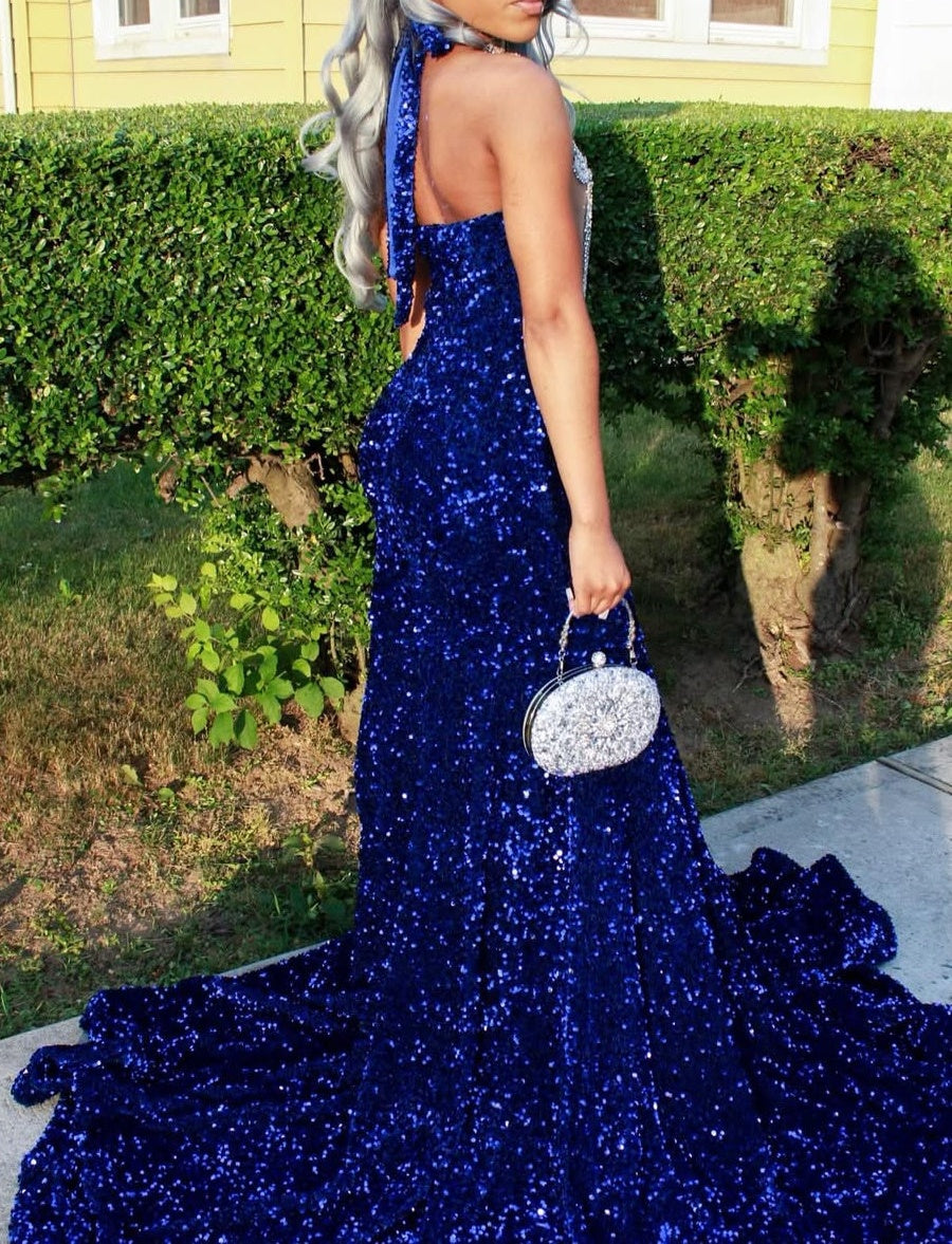 Silver Beaded Royal Blue Court Train Mermaid Sequin Long Prom Dresses