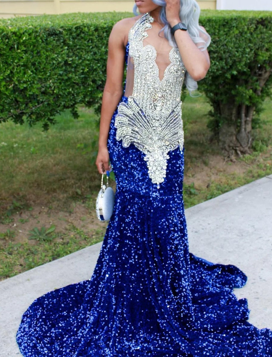 Silver Beaded Royal Blue Court Train Mermaid Sequin Long Prom Dresses