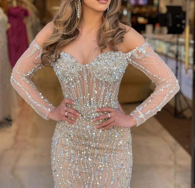 Off the shoulder Champange Long sleeves Sweetheart Sparkle Beaded Prom Dresses