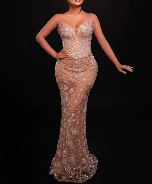 Gorgeous Sweetheart Sparkle Silver Appliques Mermaid Champange Prom Dresses