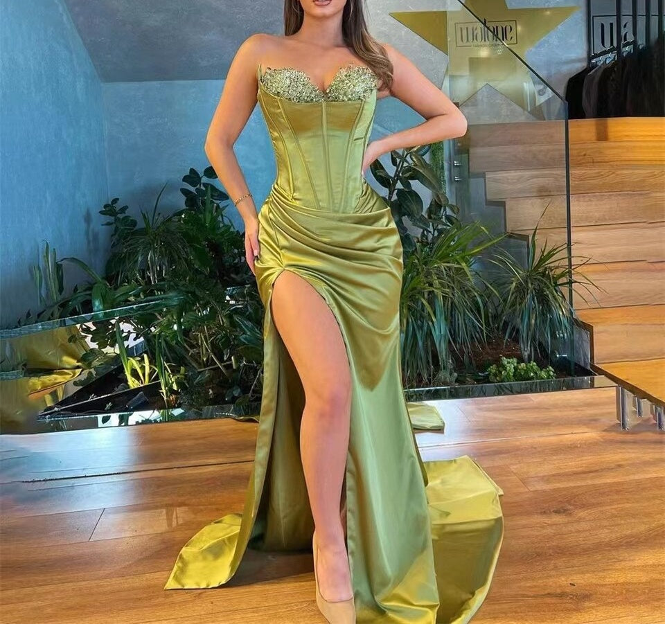 Gorgeous Olive Green Sweetheart Prom Dress Mermaid Slit Long With Beads