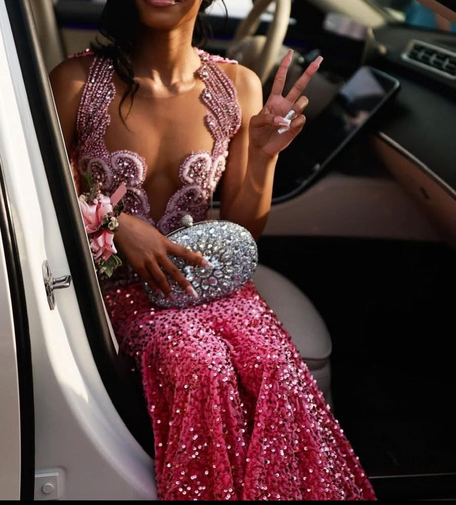 Pink V-neck Sparkle sequin Mermaid Court Train Prom Dresses