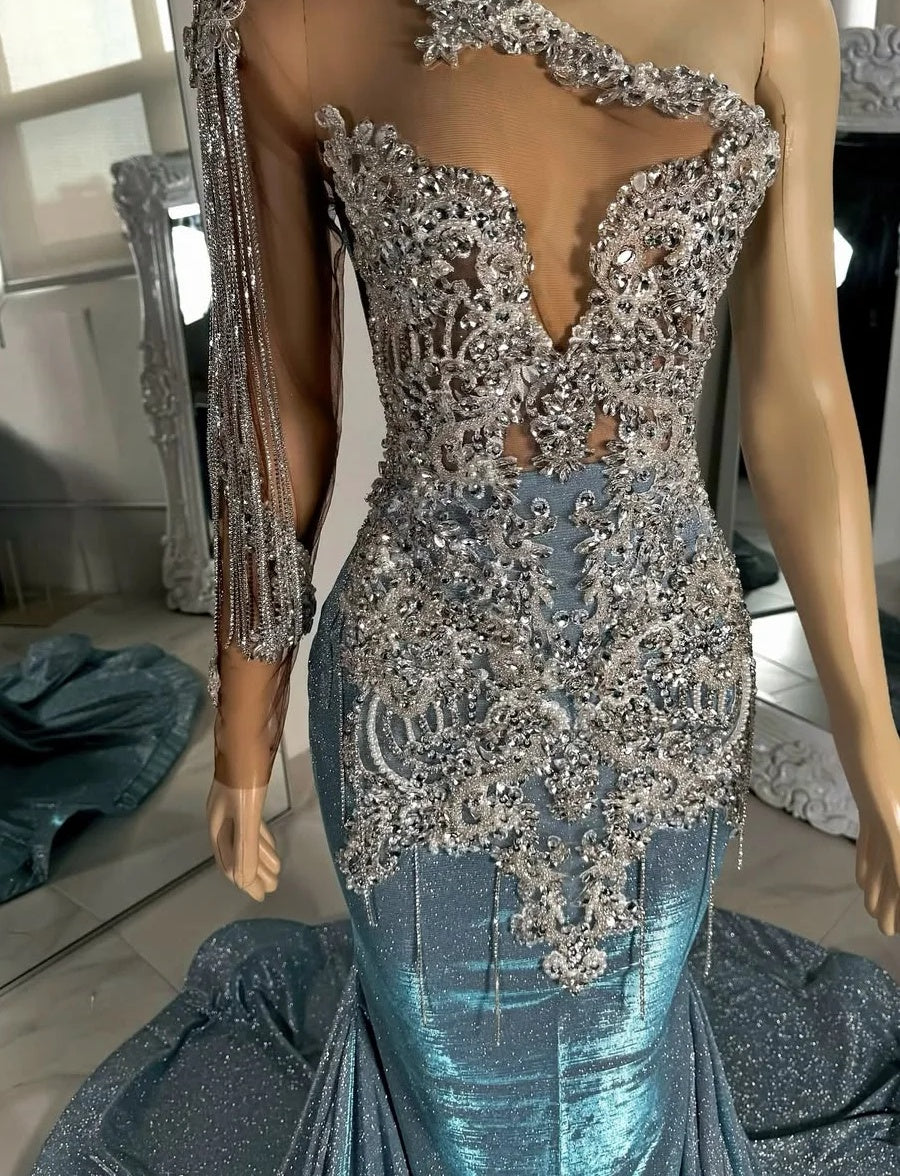 Long sleeves Silver Dusty Blue Shiny Court Train Beaded Prom Dresss
