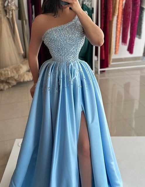 Popular Sky Blue One Shoulder Prom Dresses Sleeveless Sequins With High Slit Pearls