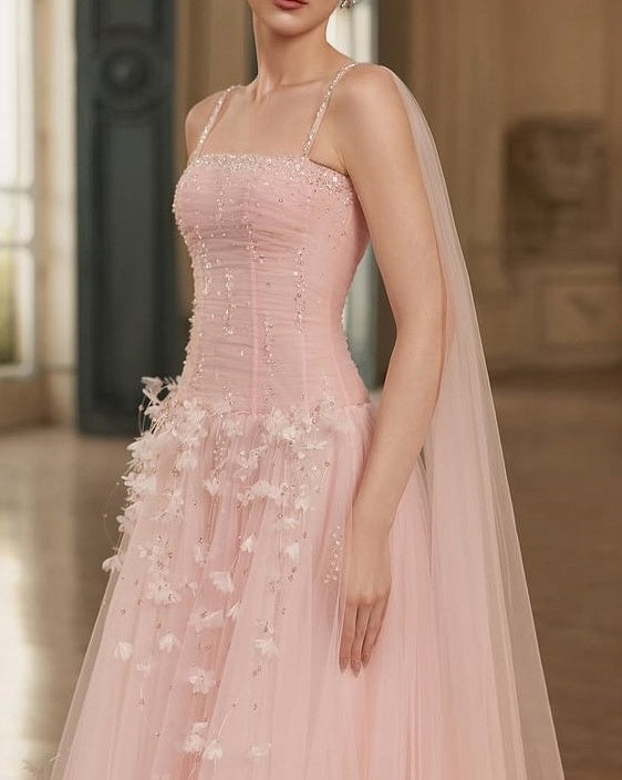 Gorgeous Pink Spaghetti-Straps Tulle Prom Dresses A-Line Ribbon Sleeveless With Beads Flower