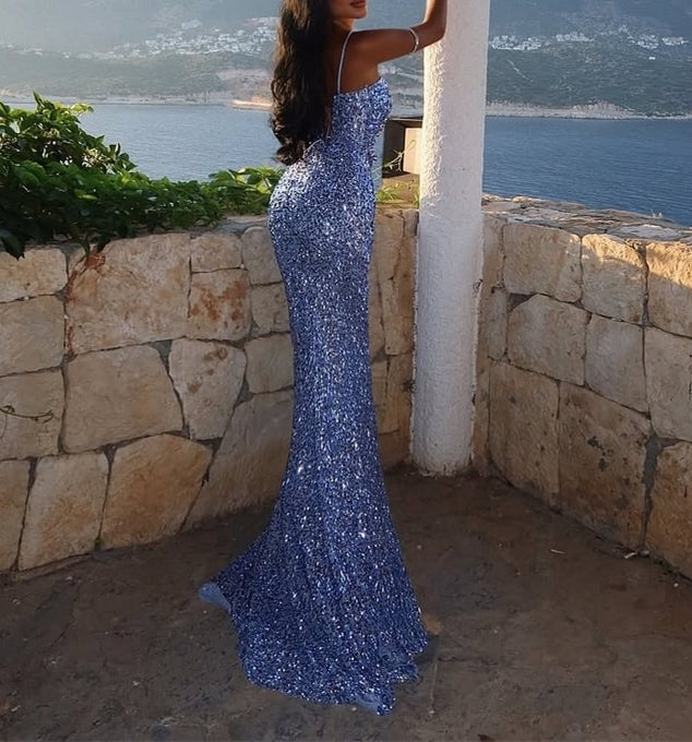 Dazzling Steel Blue Spaghetti-Strap Sequins Prom Dresses Mermaid Sleeveless Side Slit Online