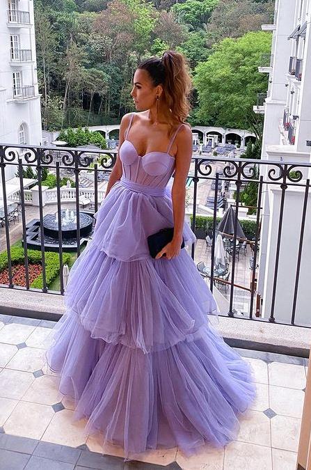 Purple A Line Tulle Layered Evening Formal Dresses Long Prom Dresses