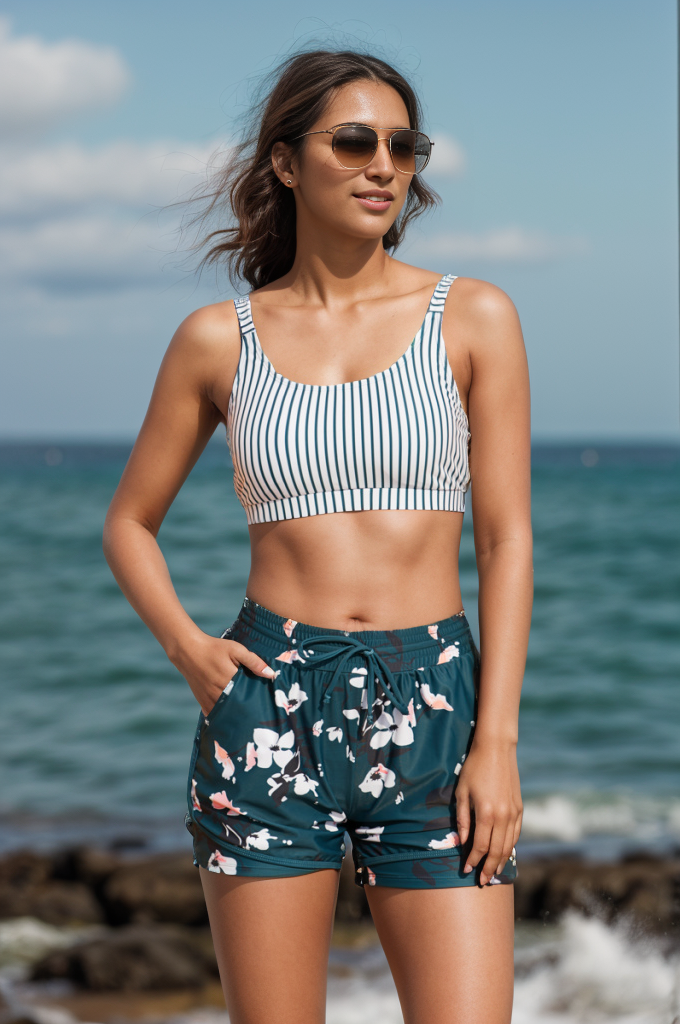 Savaviaswim - Stripes Square Neck Wide Straps Sporty Bikini Top with Boy Short Set