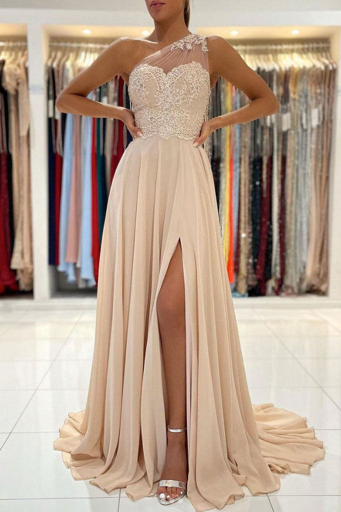Champagne Chiffon A-Line One Shoulder Formal Evening Dresses Long Appl Champagne Chiffon A-Line One Shoulder Formal Evening Dresses Long Appl