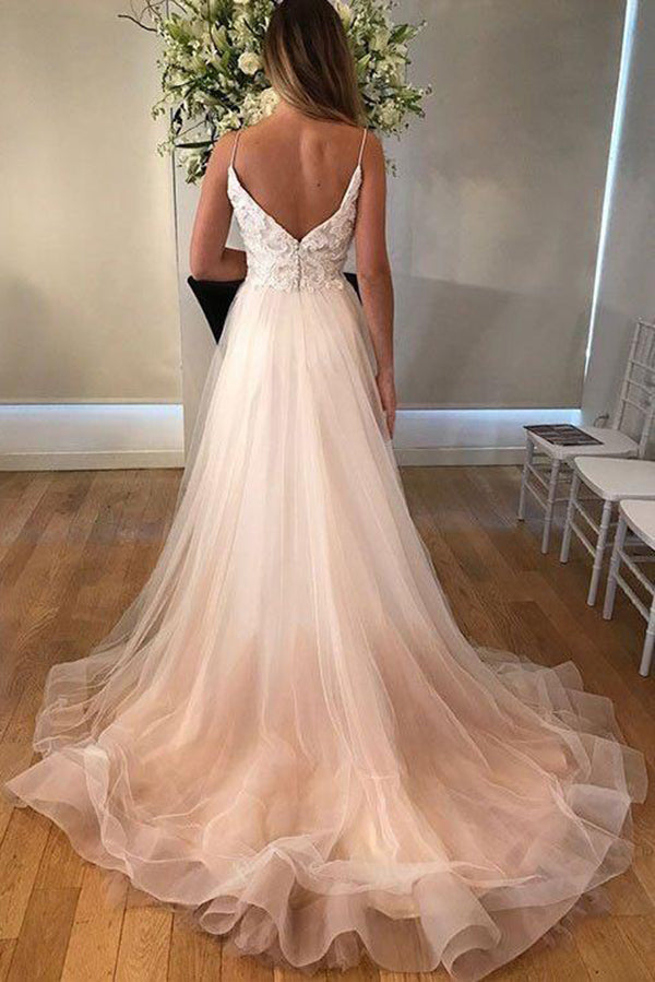 Chic Spaghetti Straps V Back Sleeveless Tulle Floor Length A Line Wedding Dresses