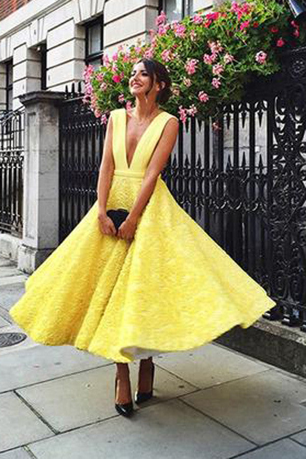 Deep V-neck Homecoming Dress, Cute Yellow Tea Length Lace Prom Dress H Deep V-neck Homecoming Dress, Cute Yellow Tea Length Lace Prom Dress H