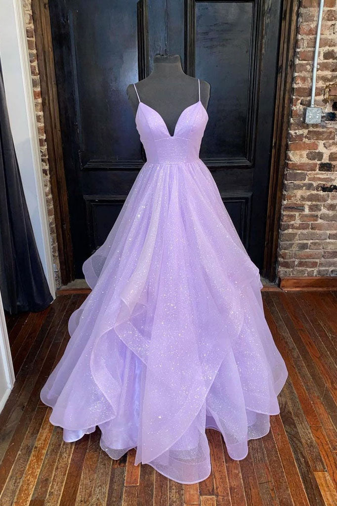 Lilac Spaghetti Straps Shiny A Line Formal Evening Dresses Long Prom D