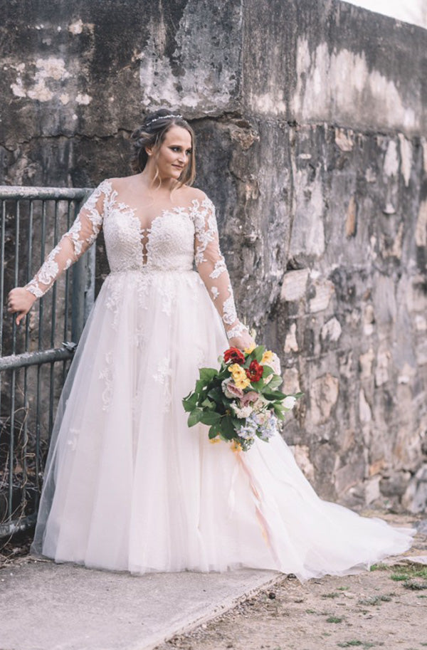Elegant A Line Long Sleeves Plus Size Lace Wedding Dresses Elegant A Line Long Sleeves Plus Size Lace Wedding Dresses